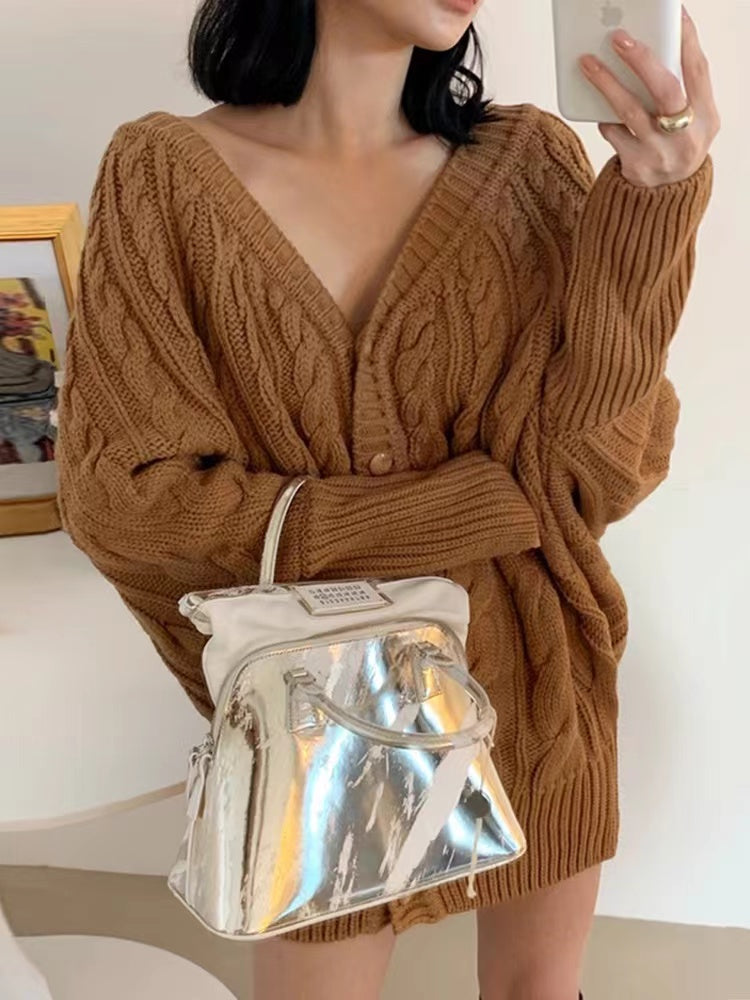 V-Neck Single-Breasted Hemp Pattern Cardigan Sweater