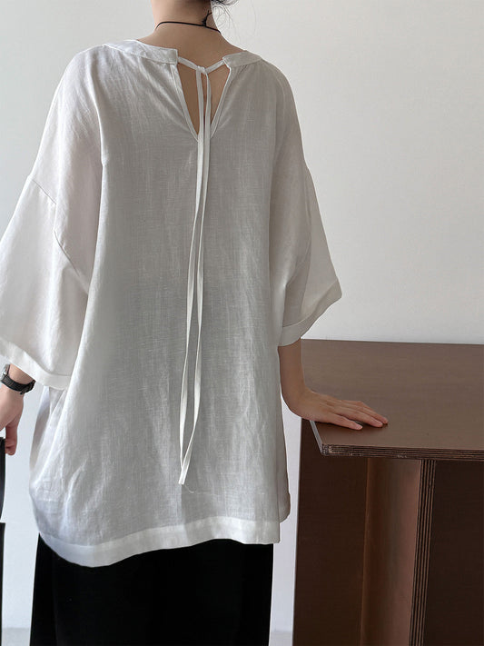 Loose Round Neck With Back Ties Blouse