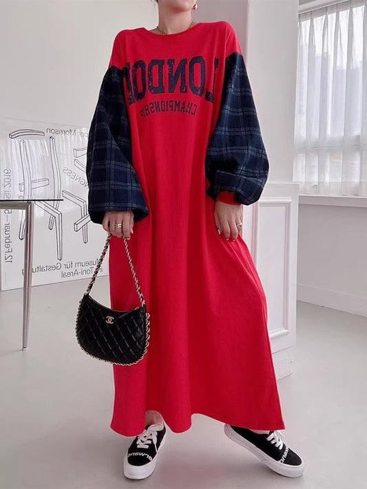 Letter Print Patchwork Lantern Sleeve Sweatshirt Dress