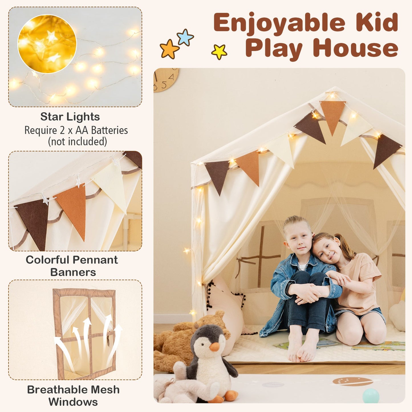 3-4 Kids Large Play Tent House with 2 Opening Doors and Star Lights-Beige