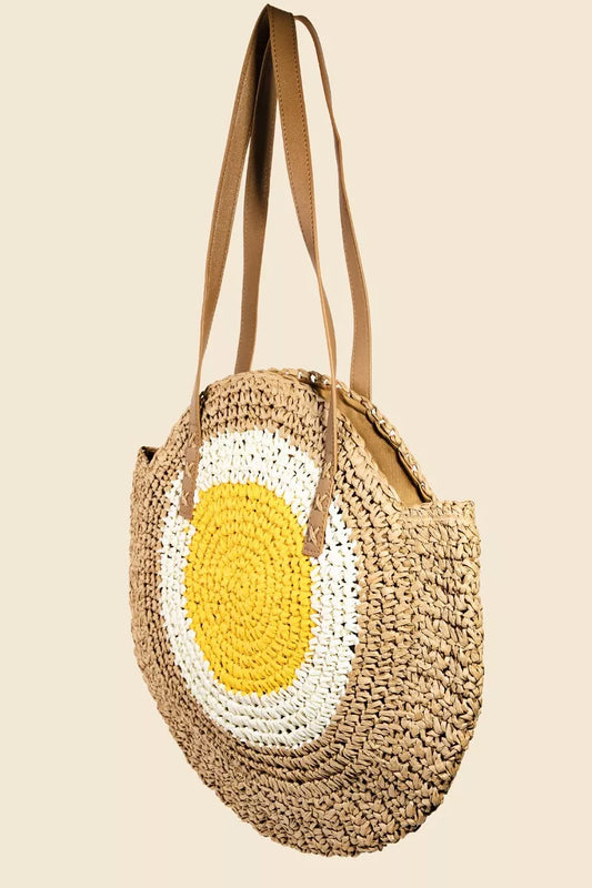 Fame Straw Braided Round Happy Face Tote Bag