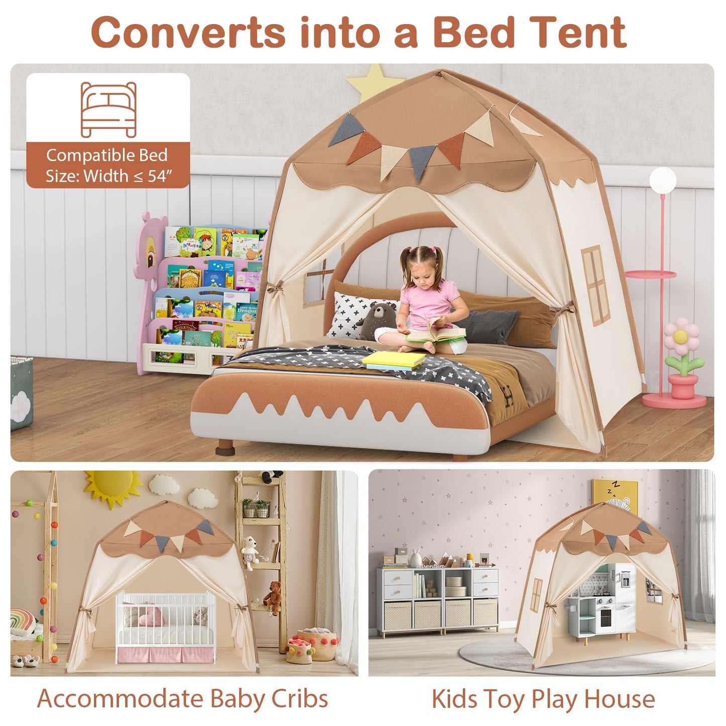 Kids Play Tent Bed Tent with String Lights Extra Large Playhouse Tent-Coffee