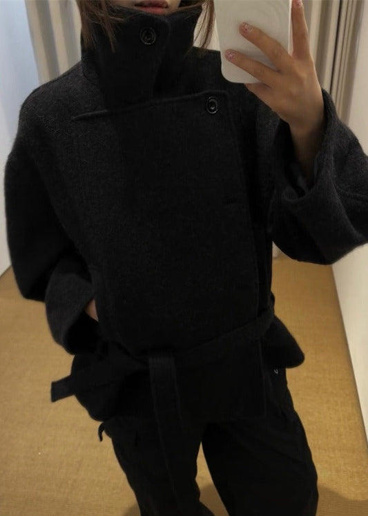 Short Stand-up Collar Wool Tie Coat