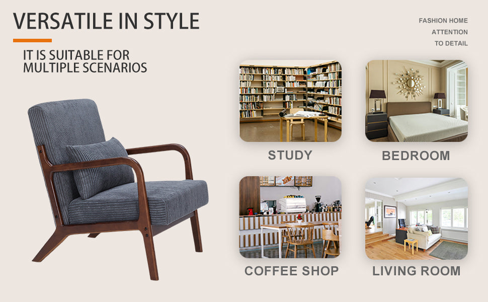 Mid-Century Modern Accent Chair with Pillow Upholstered in Antique Dark Grey Polyester and Solid Wood Frame(Antique Dark Grey)