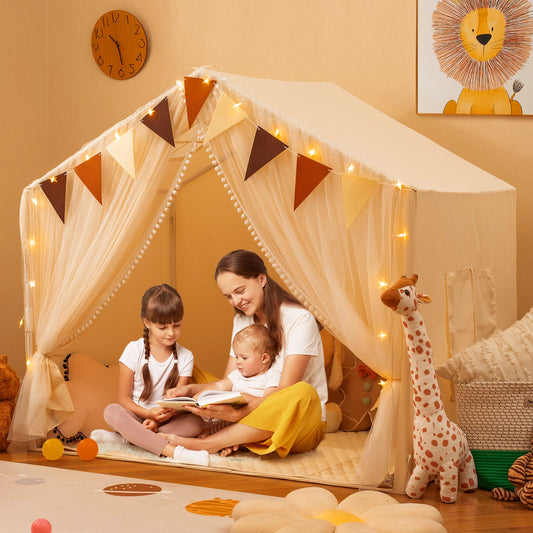 Large Toddler Playhouse Tent with Door Curtains Windows-Beige