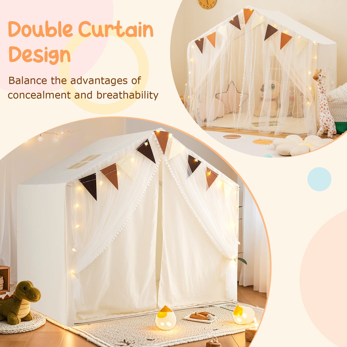 Large Toddler Playhouse Tent with Door Curtains Windows-Beige
