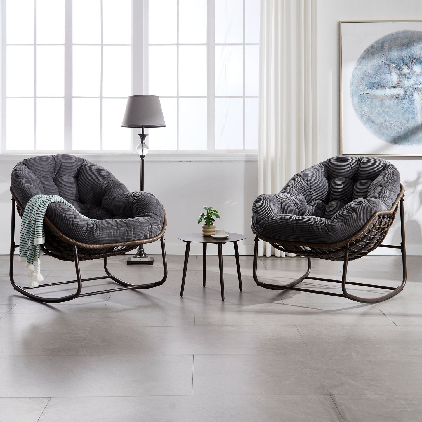 Outdoor Rattan Rocking Chair,Padded Cushion Rocker Recliner Chair Outdoor for Front Porch, Living Room, Patio, Garden, Grey