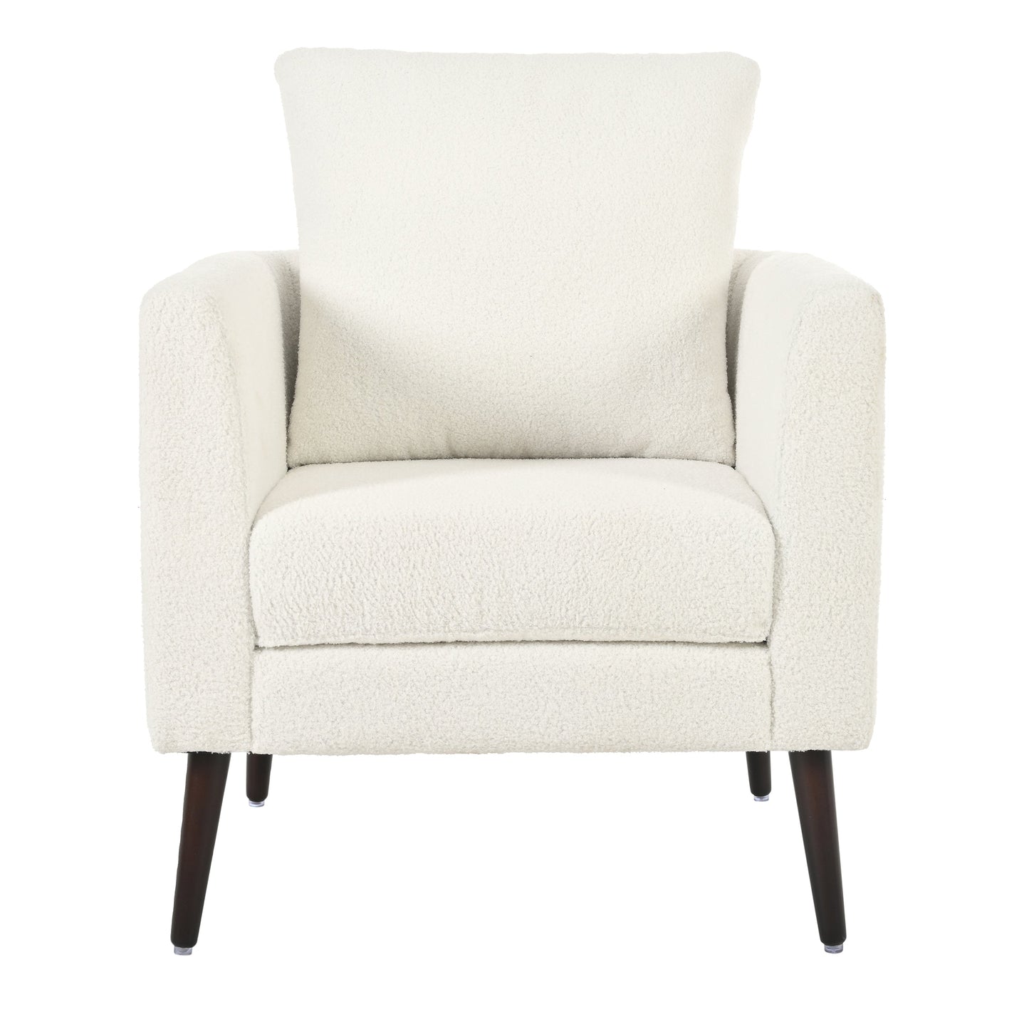 Modern Teddy Fabric Accent Chair - Mid-Century Upholstered Armchair with Pillow and Wood Legs for Living Room, Bedroom, or Reception Room - White