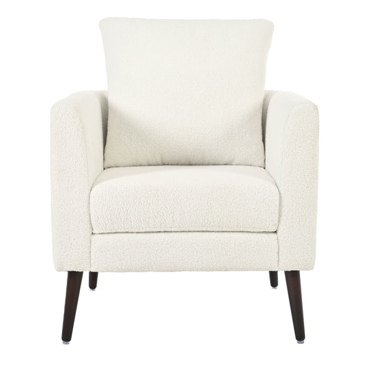 Modern Teddy Fabric Accent Chair - Mid-Century Upholstered Armchair with Pillow and Wood Legs for Living Room, Bedroom, or Reception Room - White