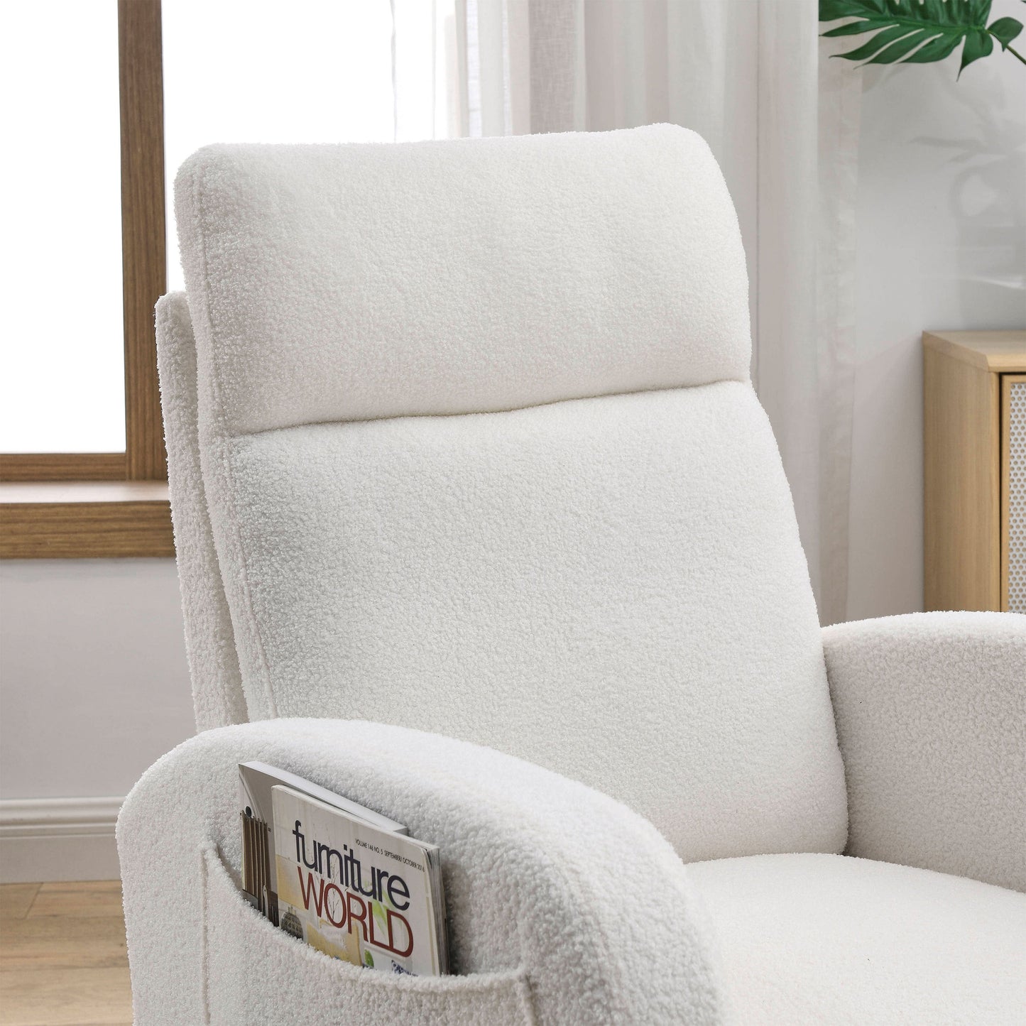 [Video] Welike 27.6'W Modern Accent High Backrest Living Room Lounge Arm Rocking Chair, Two Side Pocket ,Teddy White (Ivory)