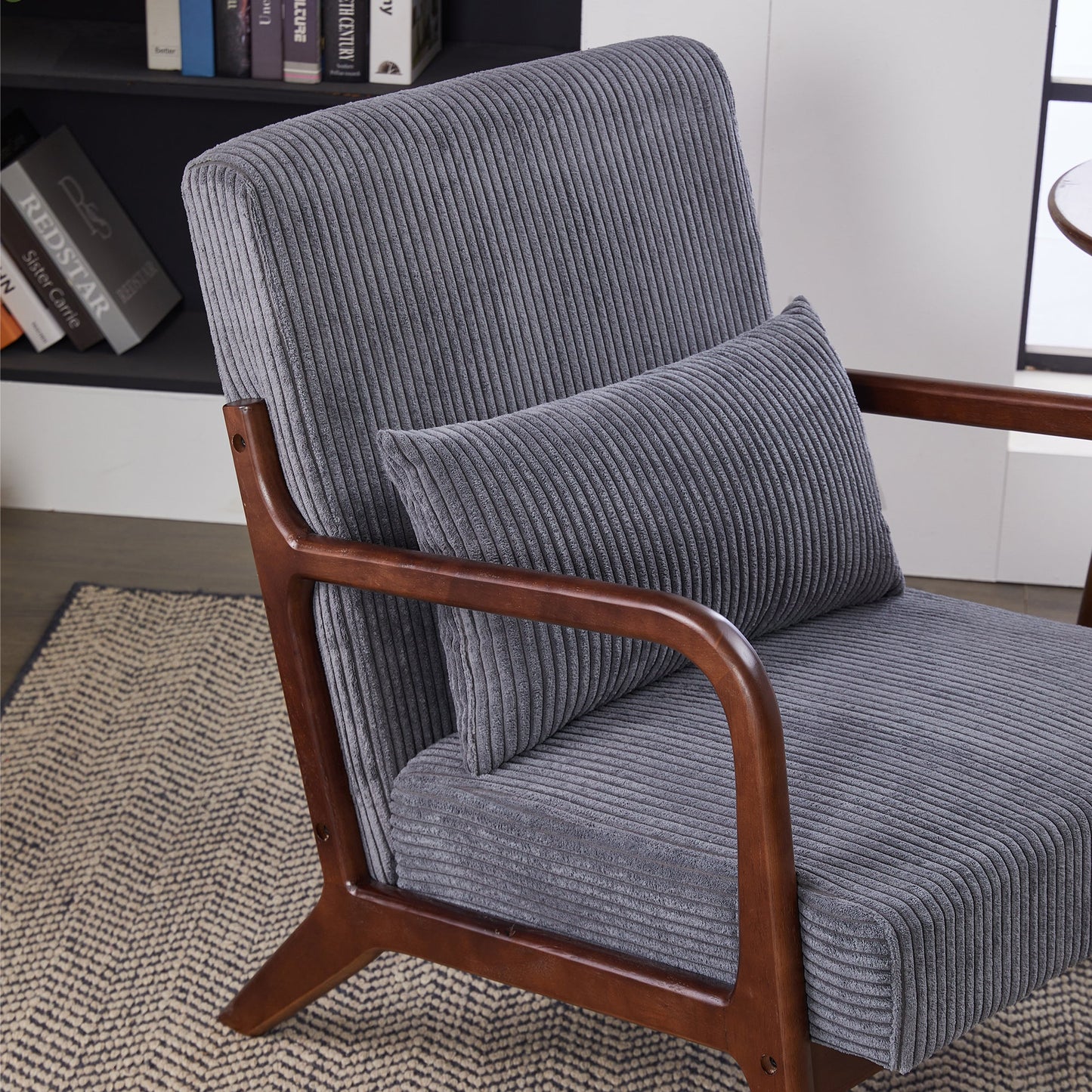 Mid-Century Modern Accent Chair with Pillow Upholstered in Antique Dark Grey Polyester and Solid Wood Frame(Antique Dark Grey)