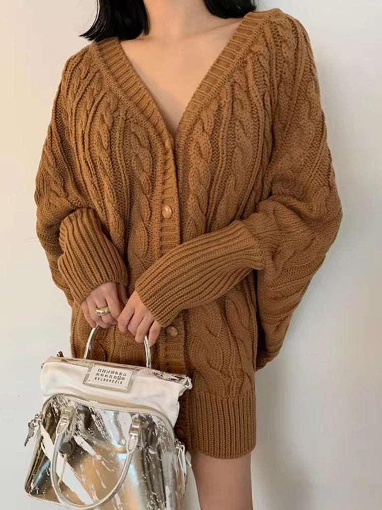 V-Neck Single-Breasted Hemp Pattern Cardigan Sweater