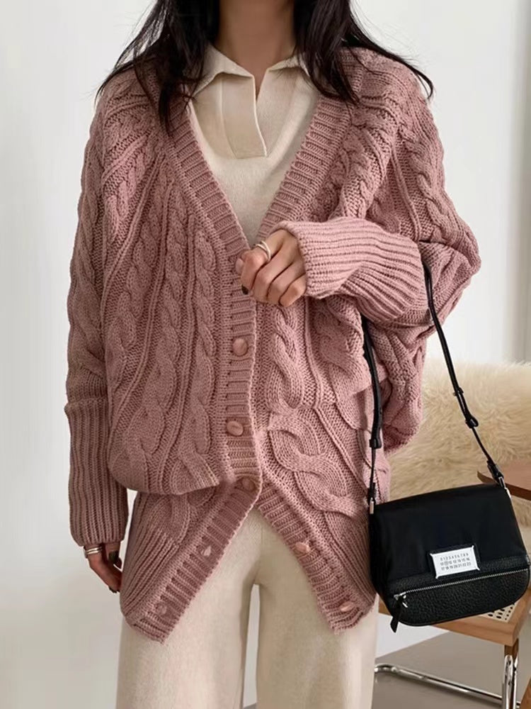 V-Neck Single-Breasted Hemp Pattern Cardigan Sweater