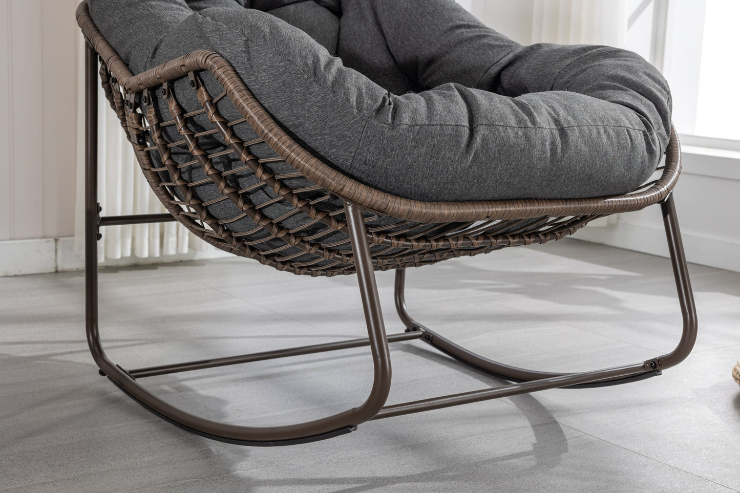 Outdoor Rattan Rocking Chair,Padded Cushion Rocker Recliner Chair Outdoor for Front Porch, Living Room, Patio, Garden, Grey