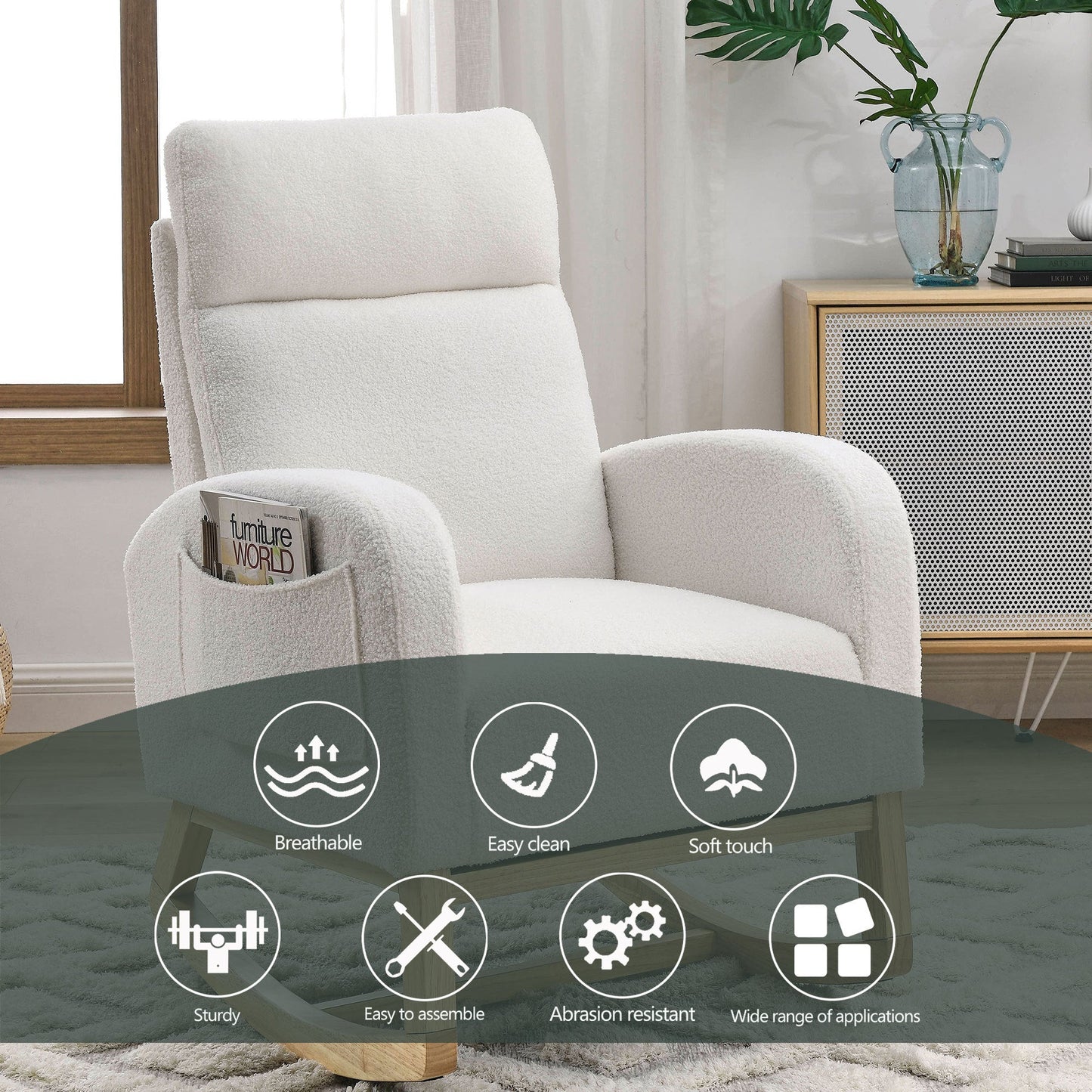 [Video] Welike 27.6'W Modern Accent High Backrest Living Room Lounge Arm Rocking Chair, Two Side Pocket ,Teddy White (Ivory)