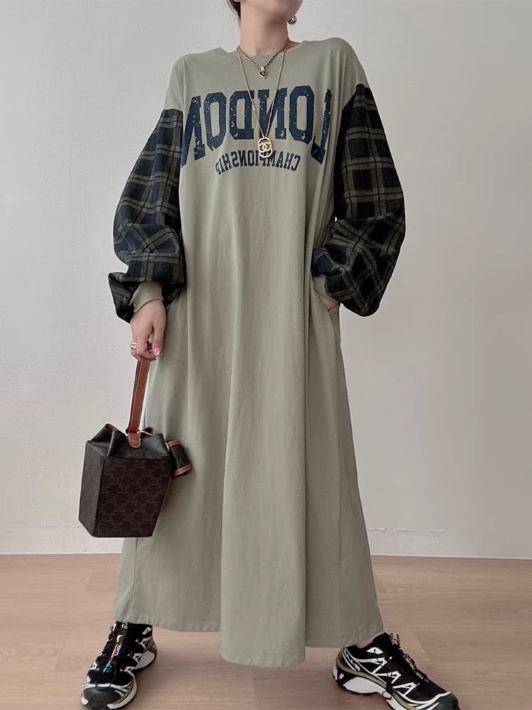 Letter Print Patchwork Lantern Sleeve Sweatshirt Dress