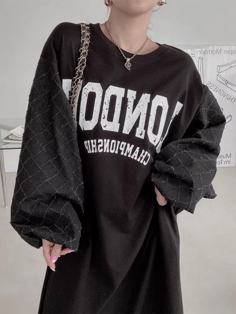 Letter Print Patchwork Lantern Sleeve Sweatshirt Dress