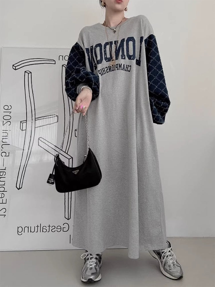 Letter Print Patchwork Lantern Sleeve Sweatshirt Dress