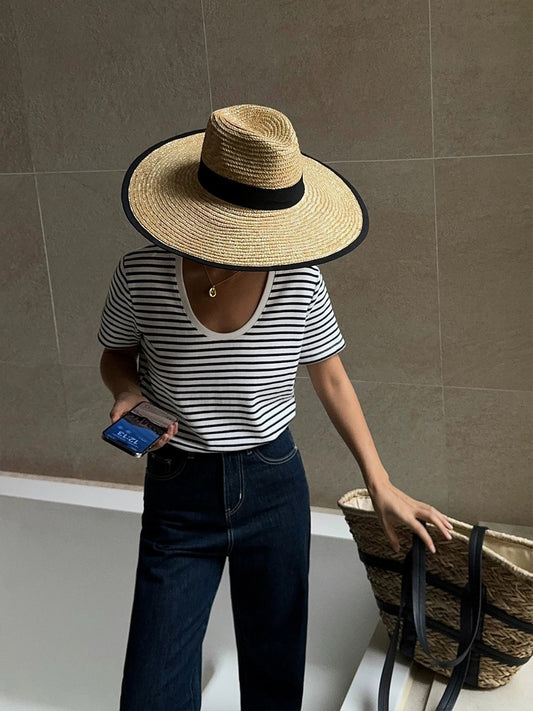 Striped U-neck short-sleeved T-shirt