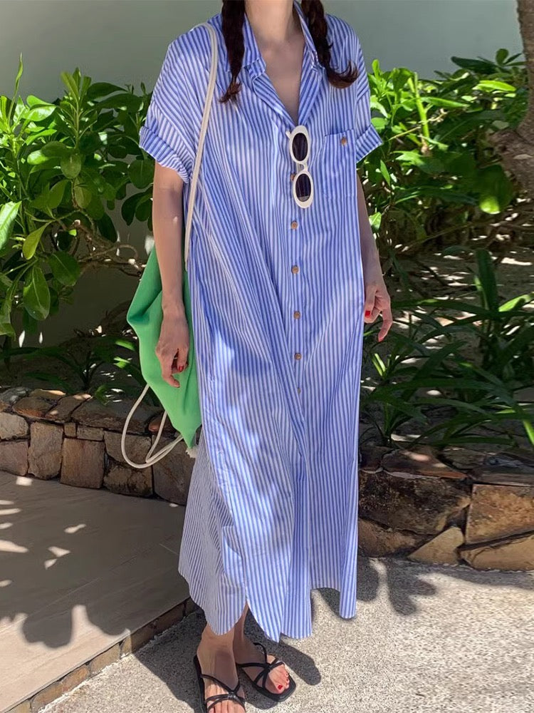 Lapel Single-Breasted Striped Dress