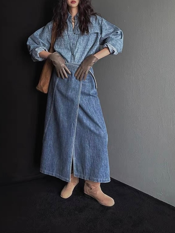 Single-Breasted Long-Sleeved Shirt + High-Waisted Irregular Denim Skirt Set