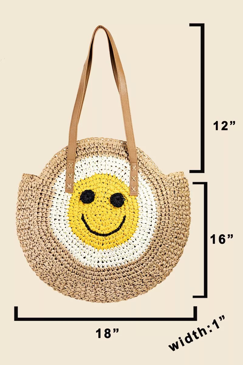 Fame Straw Braided Round Happy Face Tote Bag