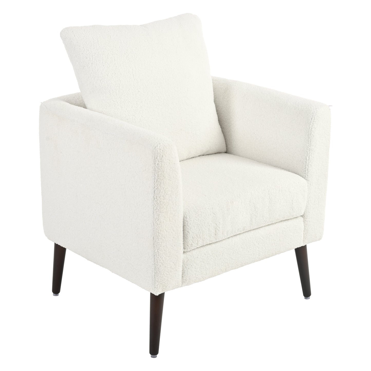 Modern Teddy Fabric Accent Chair - Mid-Century Upholstered Armchair with Pillow and Wood Legs for Living Room, Bedroom, or Reception Room - White