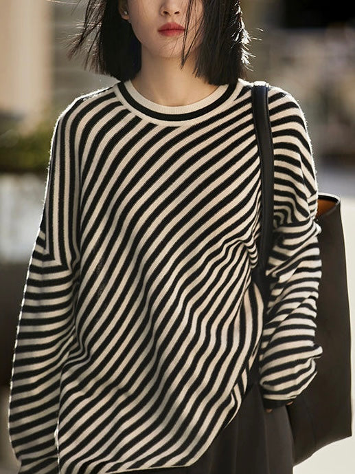 Slanted Black White Striped Loose Sweater