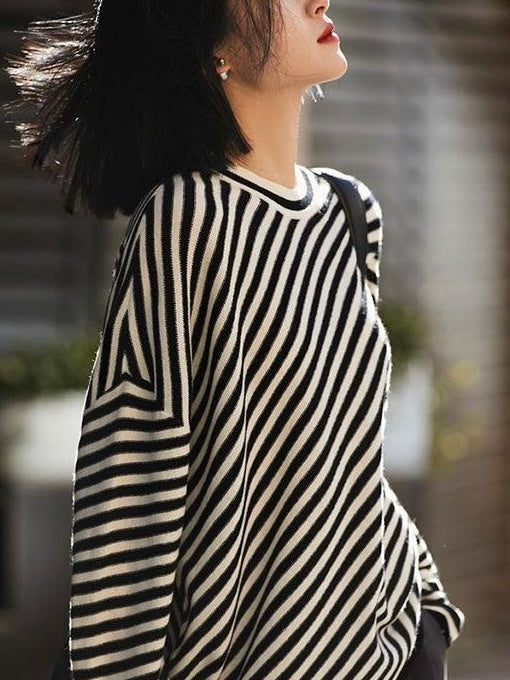 Slanted Black White Striped Loose Sweater