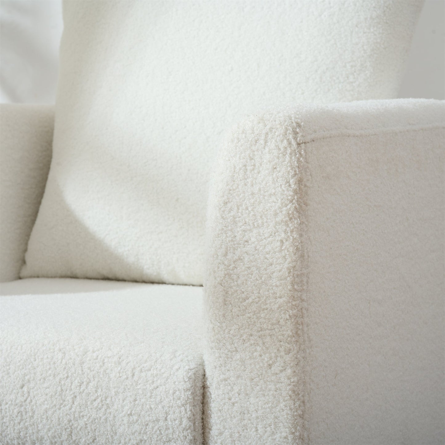 Modern Teddy Fabric Accent Chair - Mid-Century Upholstered Armchair with Pillow and Wood Legs for Living Room, Bedroom, or Reception Room - White