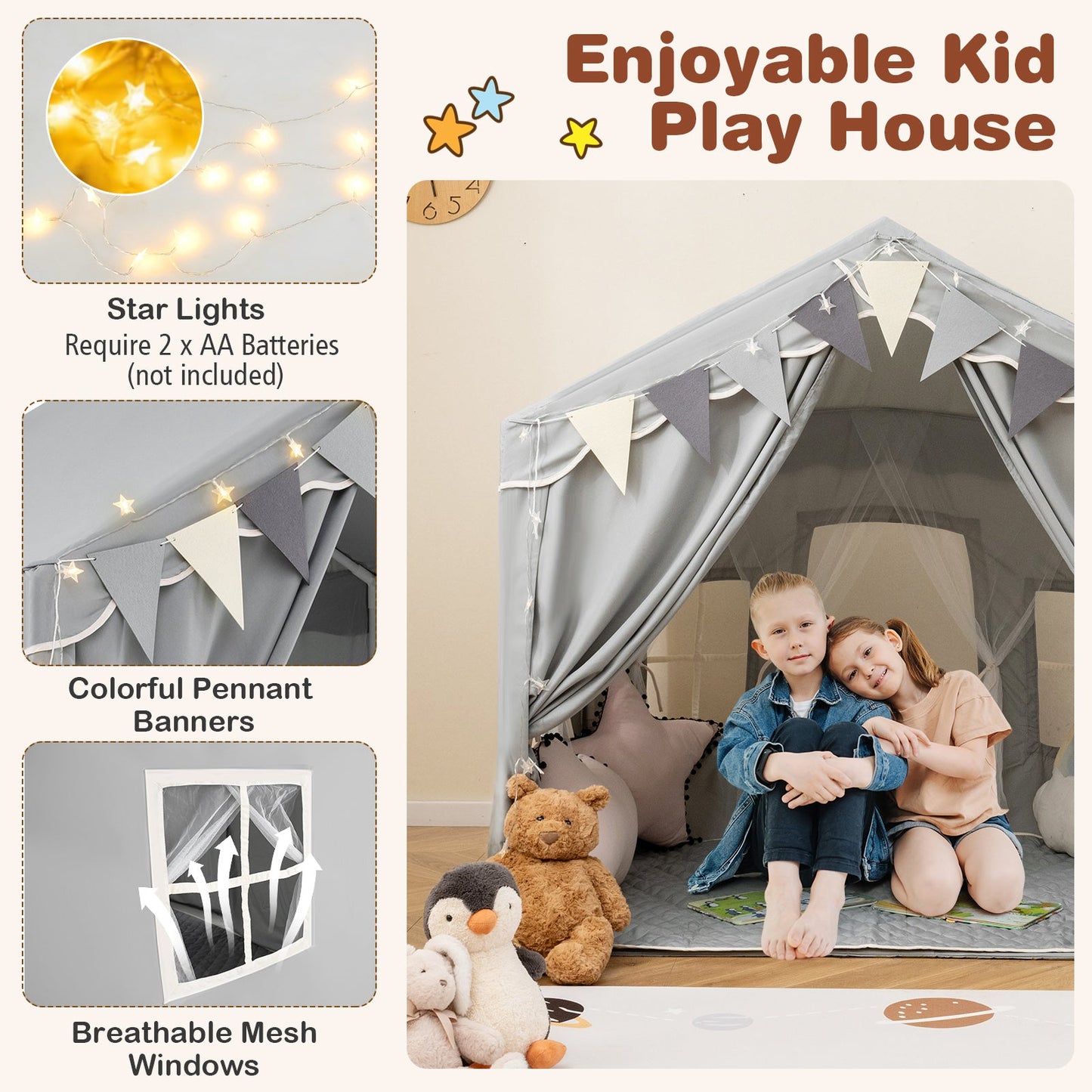3-4 Kids Large Play Tent House with 2 Opening Doors and Star Lights-Gray