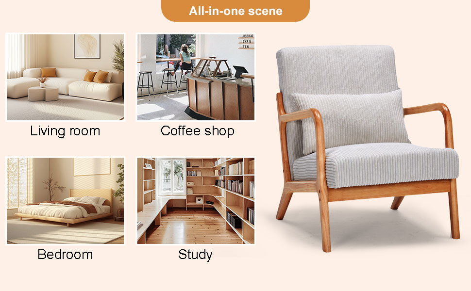 Mid-Century Modern Accent Chair with Pillow Upholstered in Antique Dark Grey Polyester and Solid Wood Frame(Antique Dark Grey)