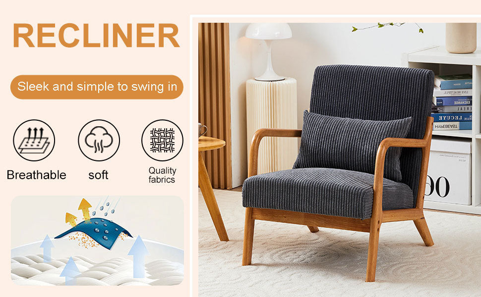 Mid-Century Modern Accent Chair with Pillow Upholstered in Antique Dark Grey Polyester and Solid Wood Frame(Antique Dark Grey)