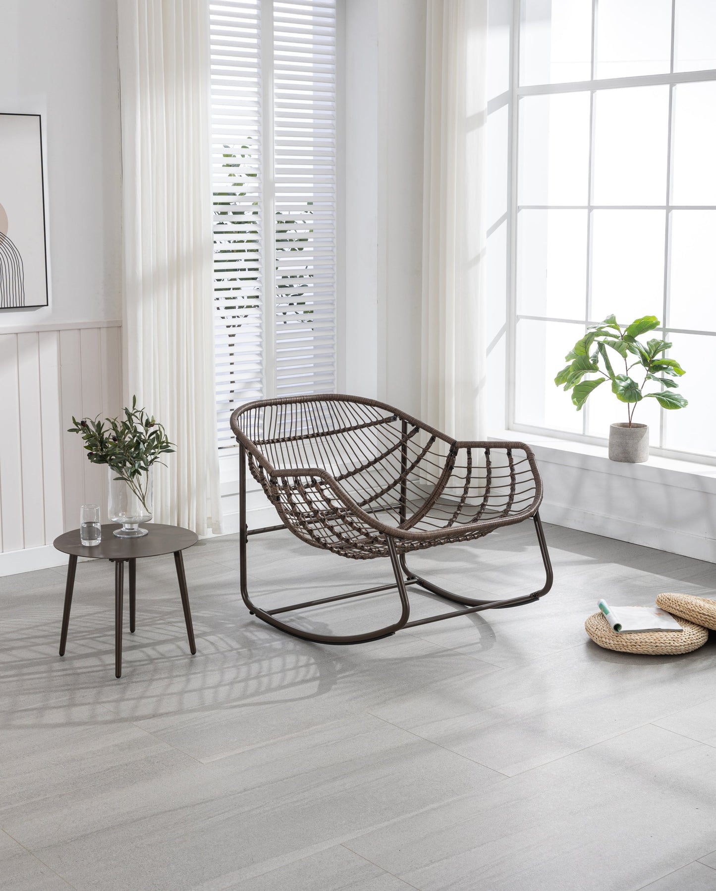 Outdoor Rattan Rocking Chair,Padded Cushion Rocker Recliner Chair Outdoor for Front Porch, Living Room, Patio, Garden, Grey