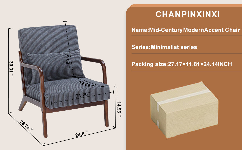 Mid-Century Modern Accent Chair with Pillow Upholstered in Antique Dark Grey Polyester and Solid Wood Frame(Antique Dark Grey)