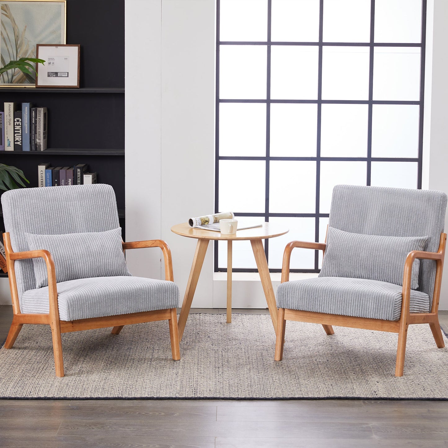 Mid-Century Modern Accent Chair with Pillow, Upholstered Arm Chair in Antique Dark Grey, Solid Wood Frame(Antique Dark Grey)