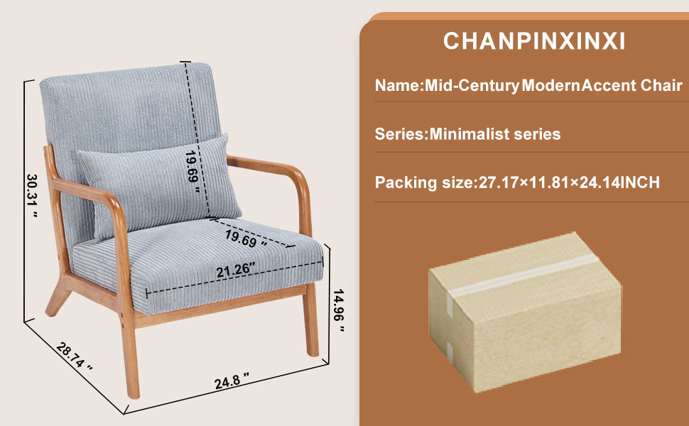 Mid-Century Modern Accent Chair with Pillow, Upholstered Arm Chair in Antique Dark Grey, Solid Wood Frame(Antique Dark Grey)