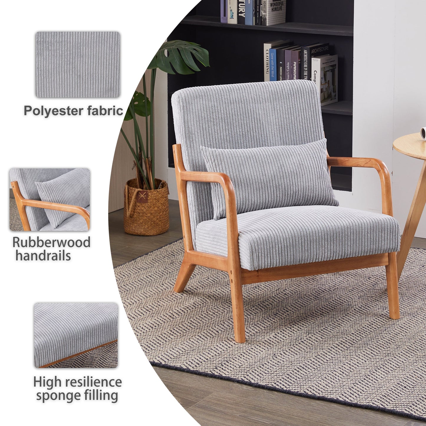 Mid-Century Modern Accent Chair with Pillow, Upholstered Arm Chair in Antique Dark Grey, Solid Wood Frame(Antique Dark Grey)