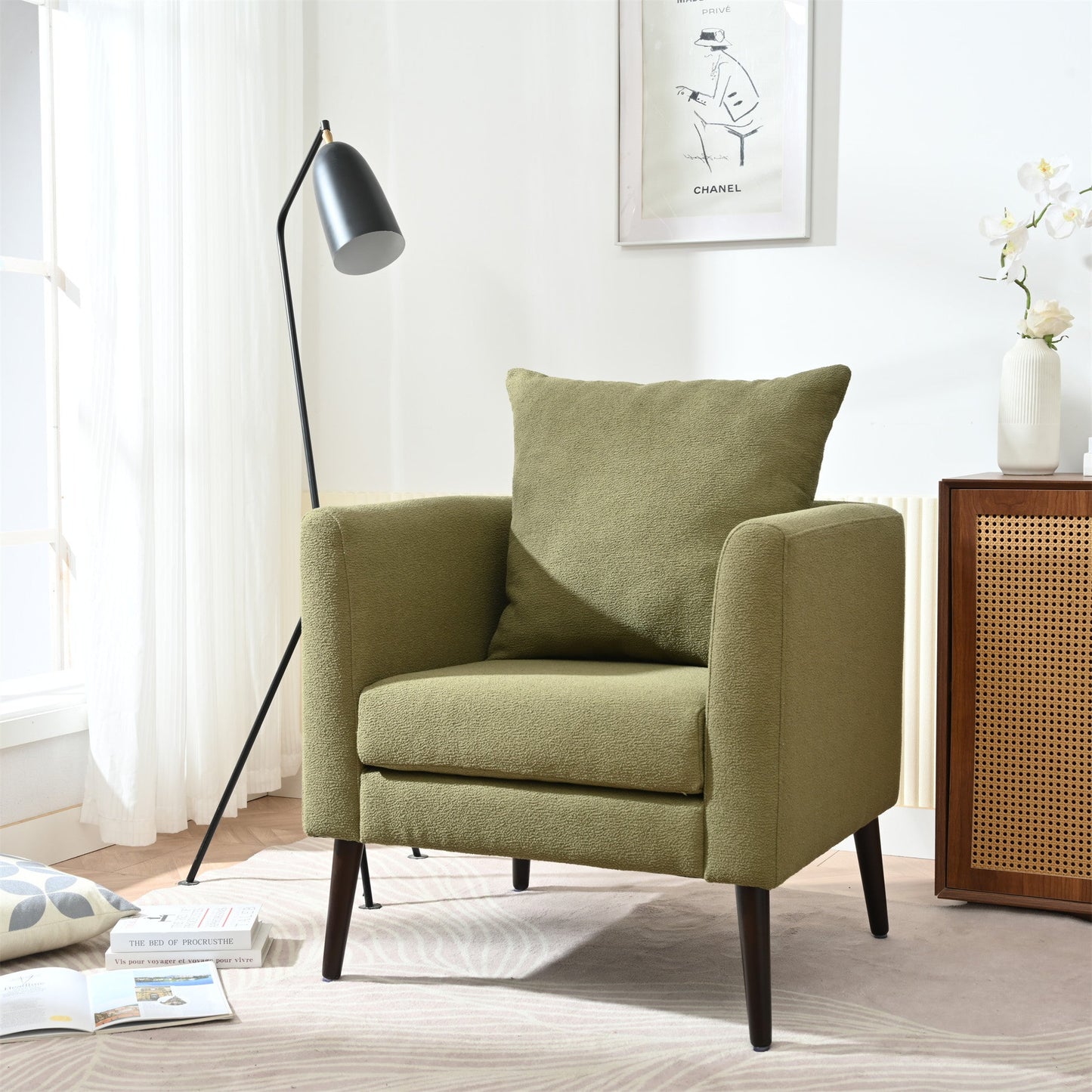 Modern Fabric Accent Chair, Upholstered Armchair for Living Room, Mid Century Fabric Lounge Chair w/Pillow, Comfortable Reading Chair with Wood Legs for Living Room, Bedroom, Reception Room (Olive)