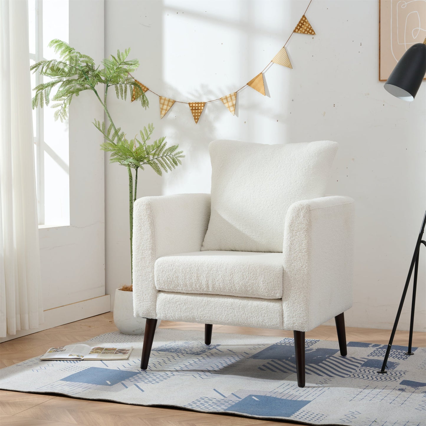 Modern Teddy Fabric Accent Chair - Mid-Century Upholstered Armchair with Pillow and Wood Legs for Living Room, Bedroom, or Reception Room - White