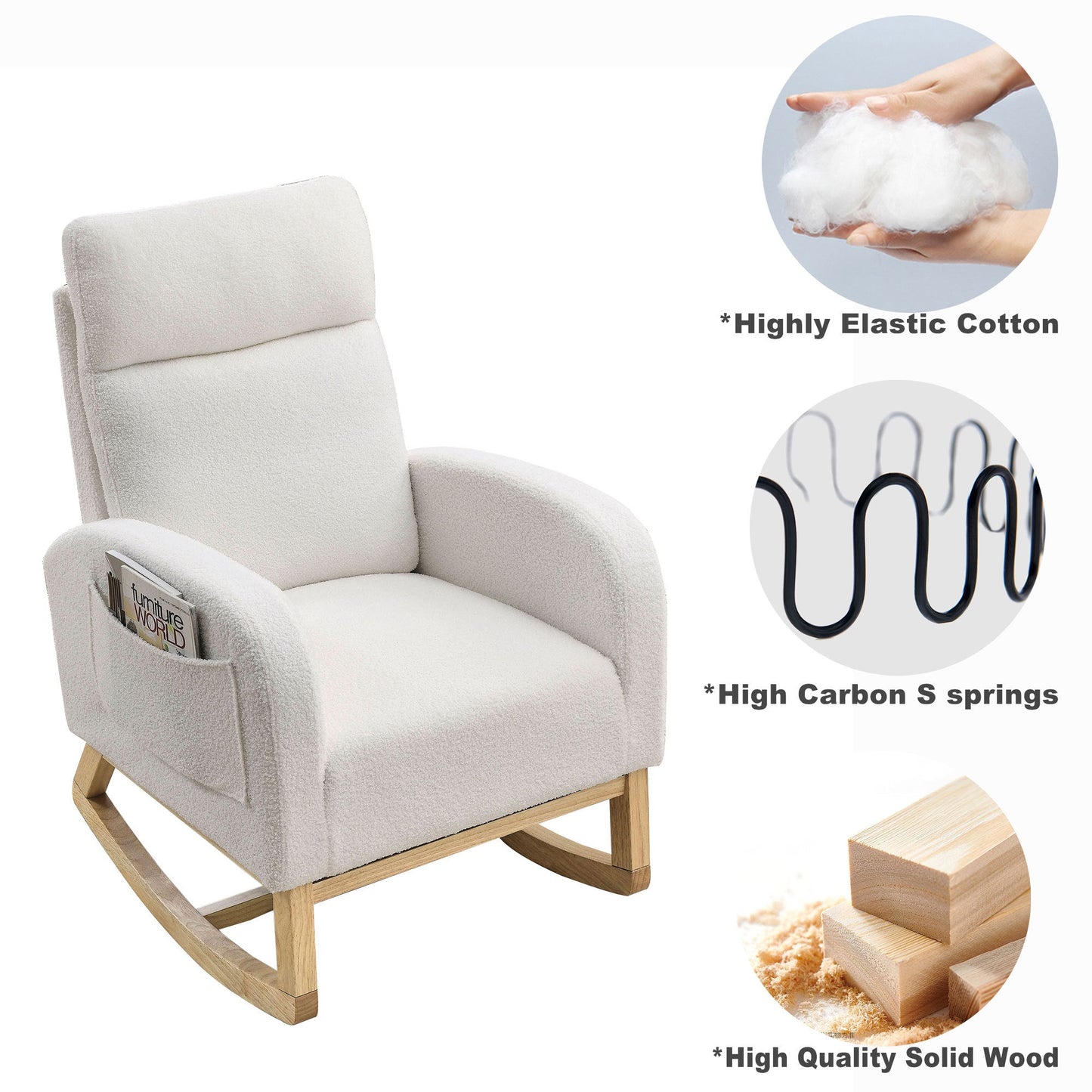 [Video] Welike 27.6'W Modern Accent High Backrest Living Room Lounge Arm Rocking Chair, Two Side Pocket ,Teddy White (Ivory)