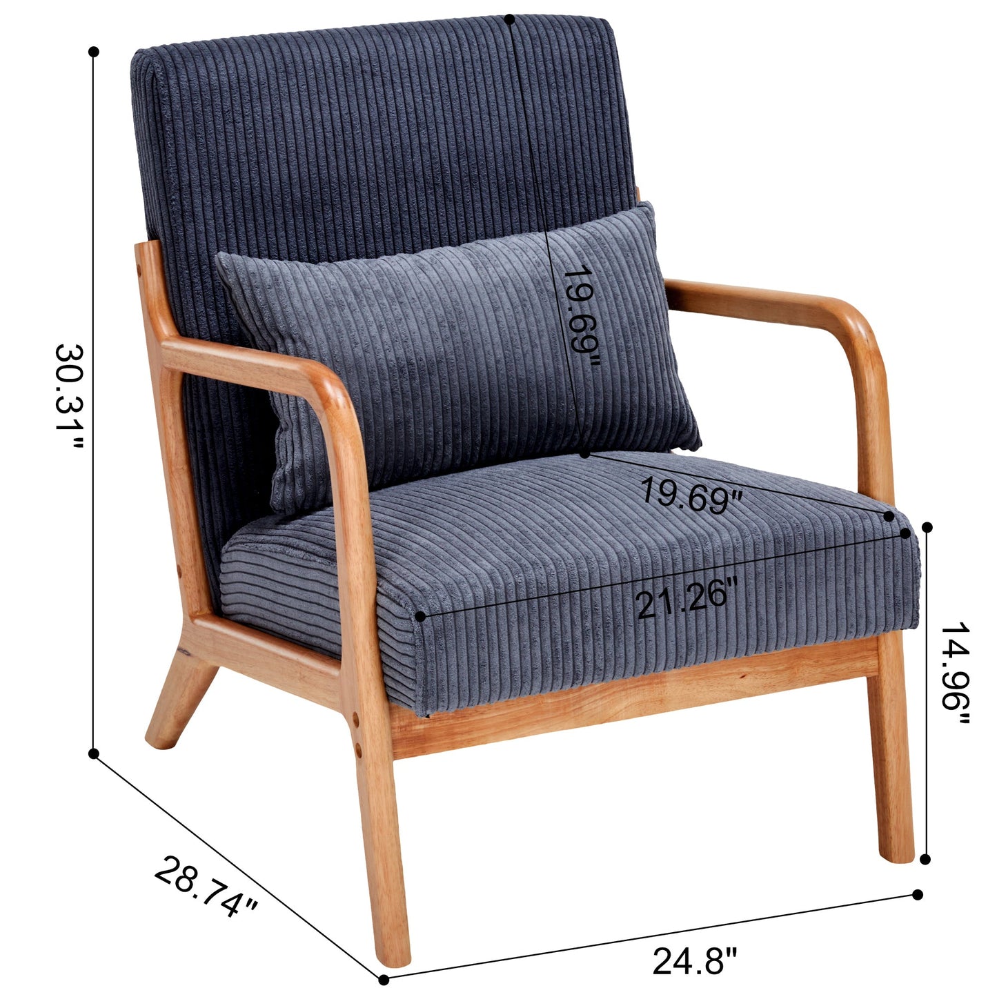 Mid-Century Modern Accent Chair with Pillow Upholstered in Antique Dark Grey Polyester and Solid Wood Frame(Antique Dark Grey)