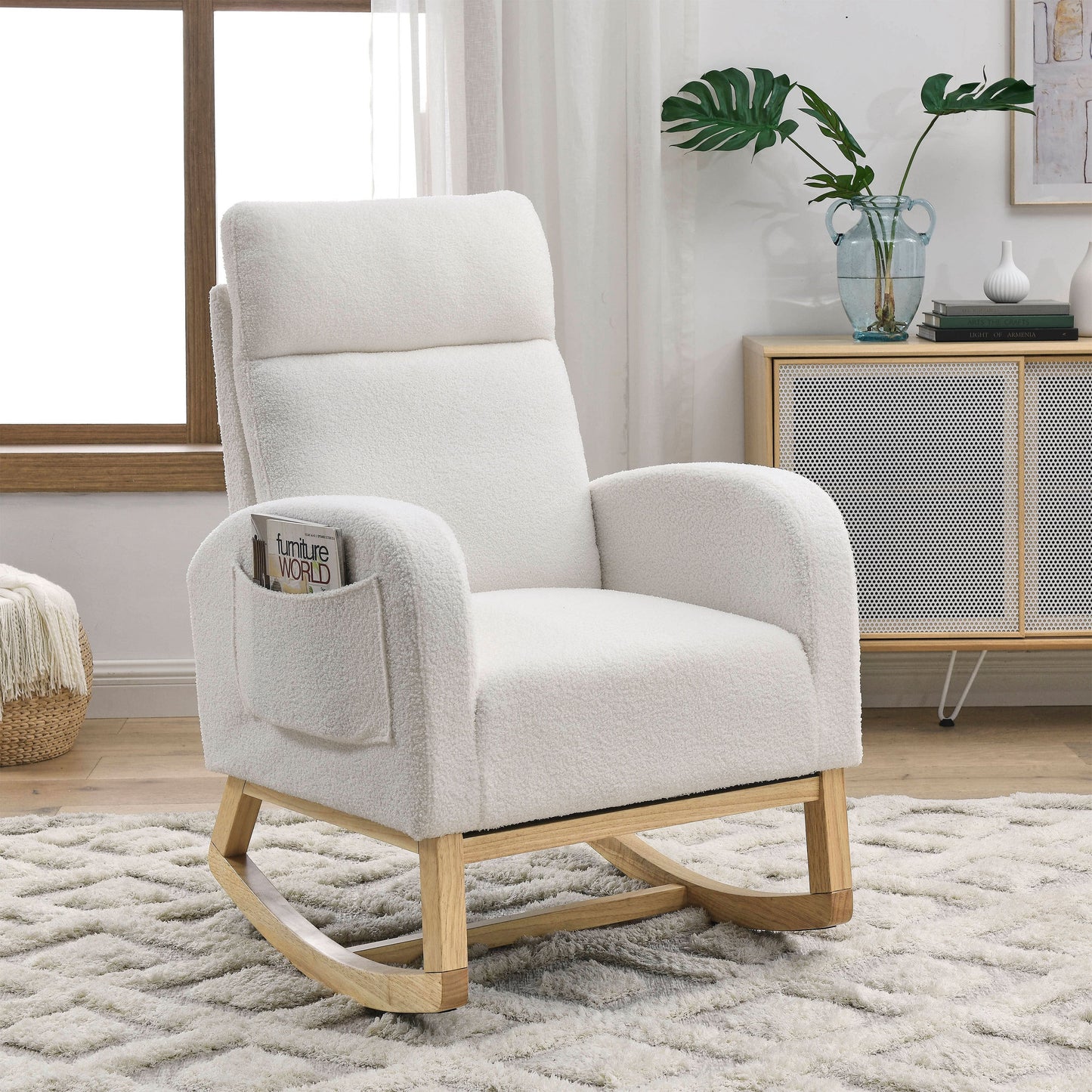 [Video] Welike 27.6'W Modern Accent High Backrest Living Room Lounge Arm Rocking Chair, Two Side Pocket ,Teddy White (Ivory)