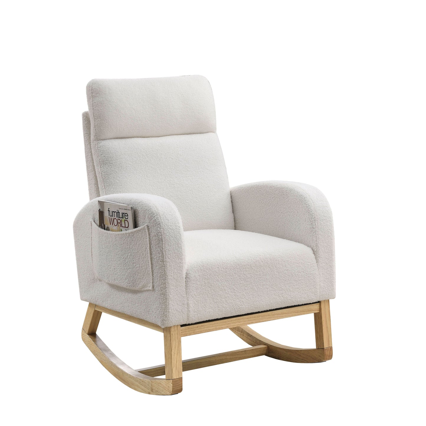 [Video] Welike 27.6'W Modern Accent High Backrest Living Room Lounge Arm Rocking Chair, Two Side Pocket ,Teddy White (Ivory)