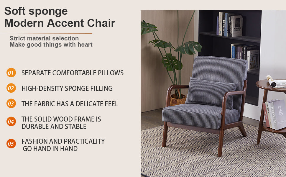 Mid-Century Modern Accent Chair with Pillow Upholstered in Antique Dark Grey Polyester and Solid Wood Frame(Antique Dark Grey)