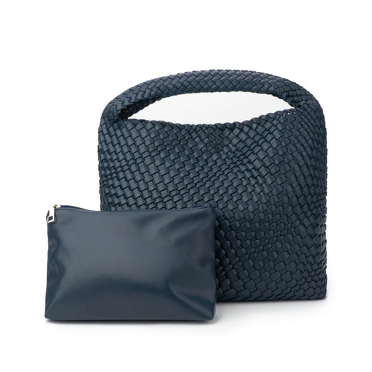 The Willow | Large Woven Vegan Leather Tote - Navy
