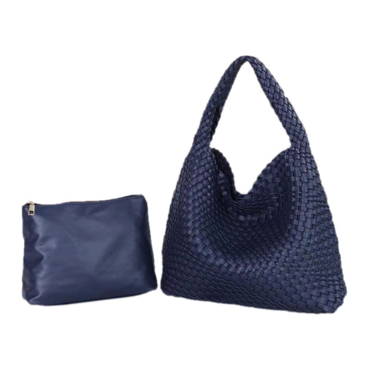 The Willow | Large Woven Vegan Leather Tote - Navy