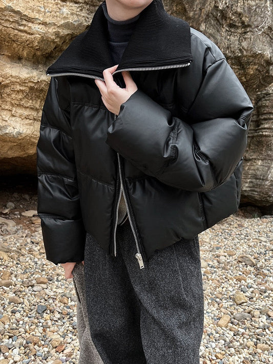 Spliced PU Leather Down Jacket