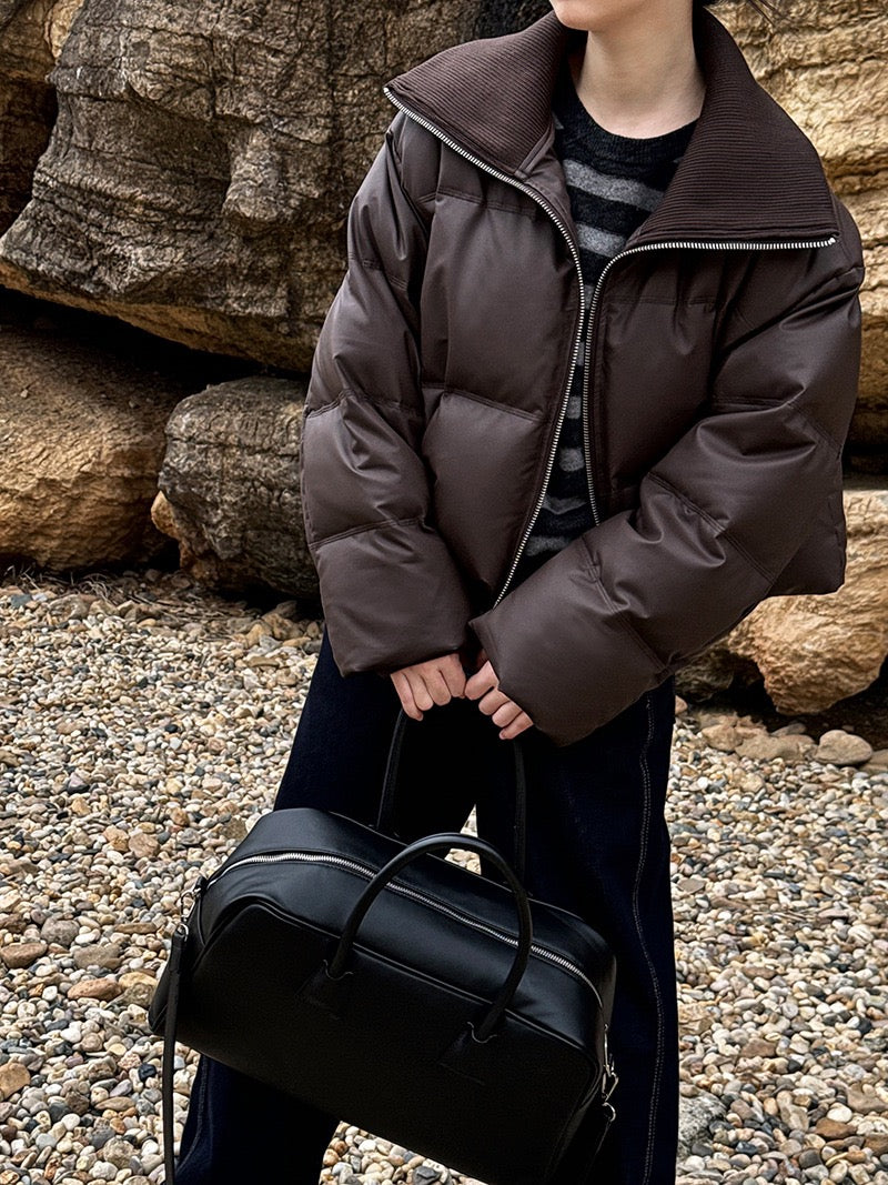 Spliced PU Leather Down Jacket