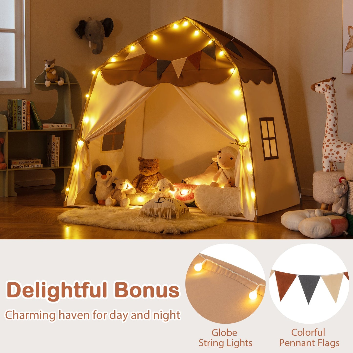 Kids Play Tent Bed Tent with String Lights Extra Large Playhouse Tent-Coffee